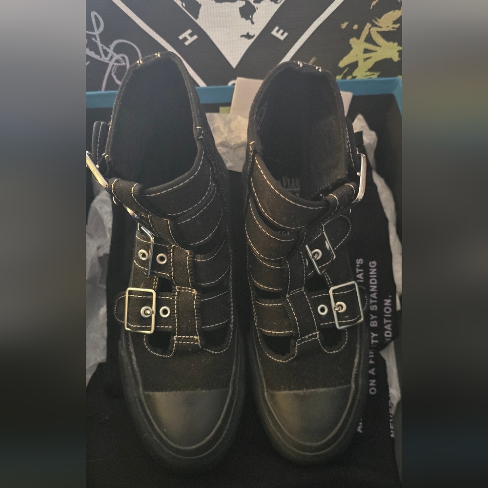 John Fluevog Black Ankle Boots with Buckle Straps